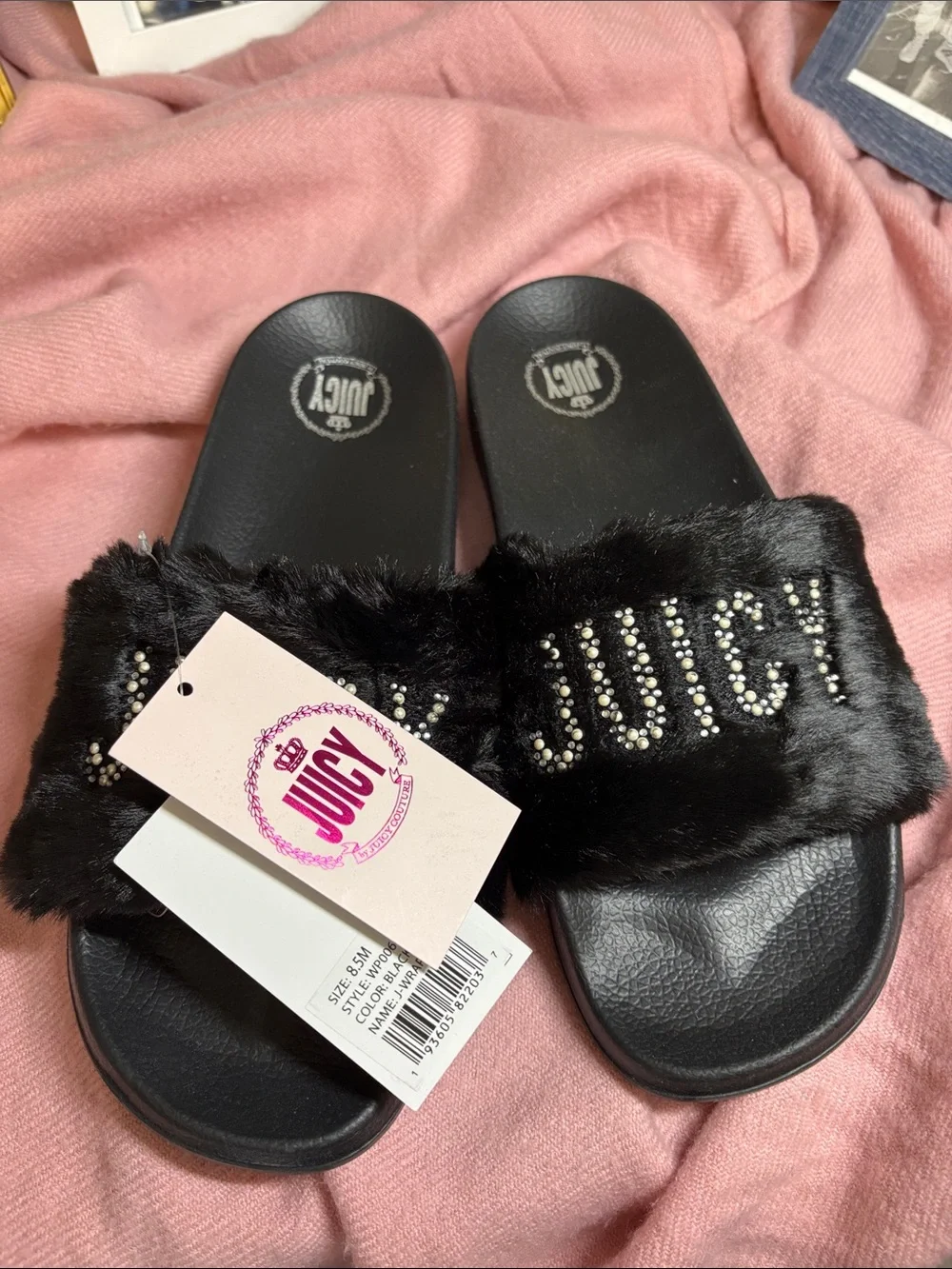 Juicy by Juicy Couture Black Faux Fur Slide Sandals New in Box W8.5 - Picture 3 of 13